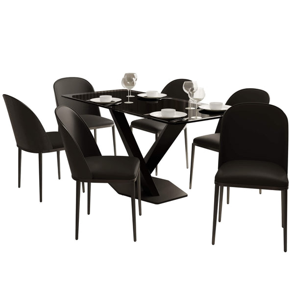 leisure mod Voren 7-Piece Dining Set with 55" Rectangular Dining Table in Black Glass Top and 6 Leather/Velvet/Suede Fabric Dining Chairs