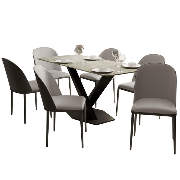 leisure mod Voren 7-Piece Dining Set with 55" Rectangular Dining Table in Deep Grey Sintered Stone and 6 Leather/Velvet/Suede Fabric Dining Chairs