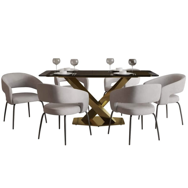 leisure mod Voren 7-Piece Dining Set with Rectangular Glass Dining Table Gold Base and 6 Velvet/Leather Dining Chairs with Iron Base