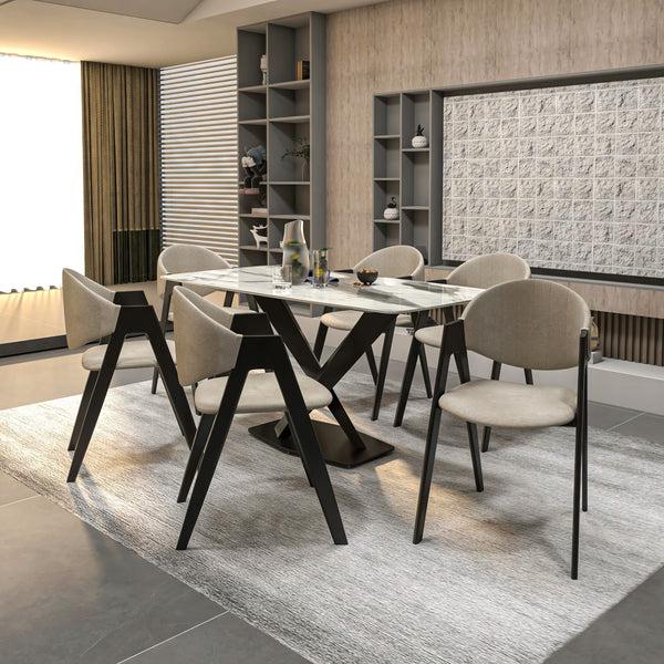 Leisure Mod Voren 7-Piece Dining Set With Rectangular Sintered Stone Dining Table And 6 Upholstered Dining Chairs