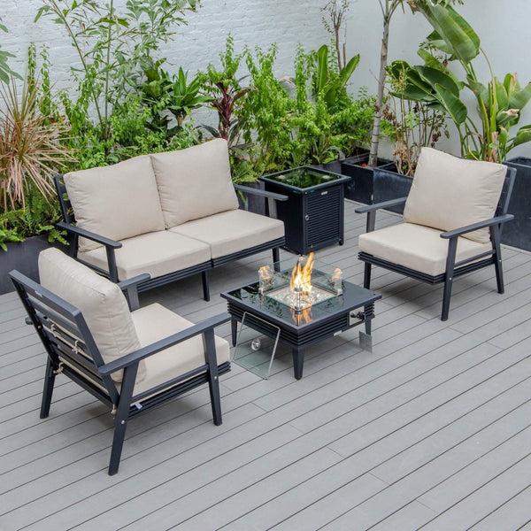 Leisure Mod Walbrooke Aluminum Patio Conversation With Slats Design Fire Pit Table & Tank Holder