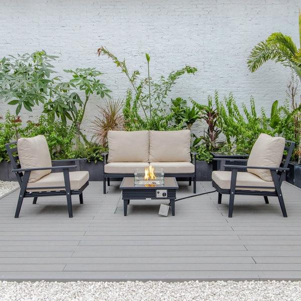 Leisure Mod Walbrooke Aluminum Patio Conversation With Slats Design Fire Pit Table & Tank Holder