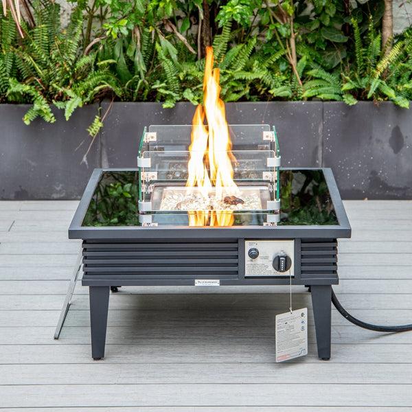 Leisure Mod Walbrooke Modern Outdoor Square Fire Pit Table With Powder-Coated Aliuminum Frame Slats/Non Slats Design