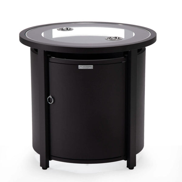 Leisure Mod Walbrooke Modern Round Tank Holder Table With Tempered Glass Top And Powder Coated Aluminum Slats/Non Slats Design