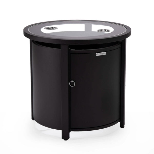 leisure mod Walbrooke Modern Round Tank Holder Table with Tempered Glass Top and Powder Coated Aluminum Slats/Non Slats Design