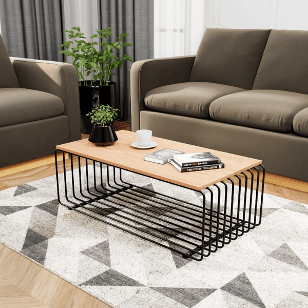 Leisure Mod Walden Rectangular Coffee Table With Ash Wood Tabletop In Black Steel Frame