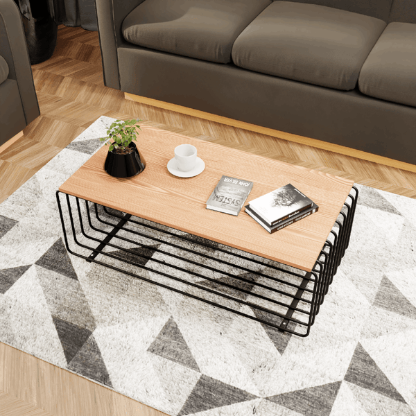 Leisure Mod Walden Rectangular Coffee Table With Ash Wood Tabletop In Black Steel Frame