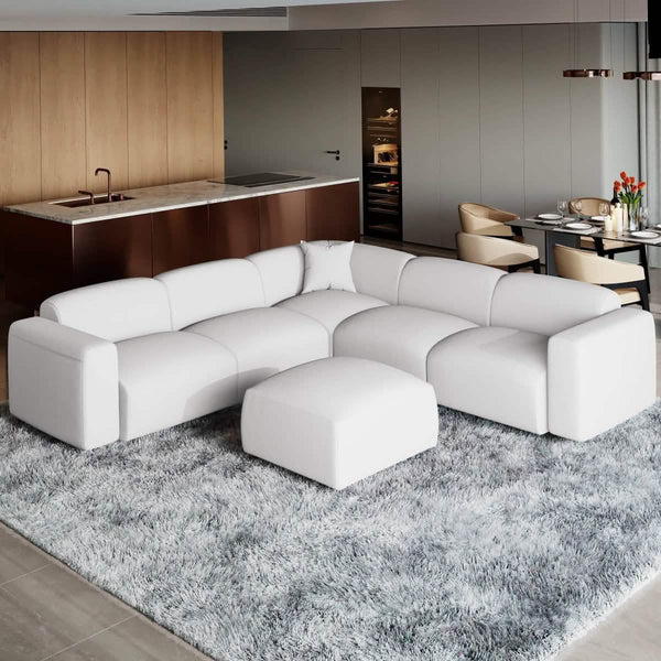 Leisure Mod Whisper 4-6 Seater Sectional Set With A Chaise And Ottoman Upholstered In Linen/Leather/Polyester