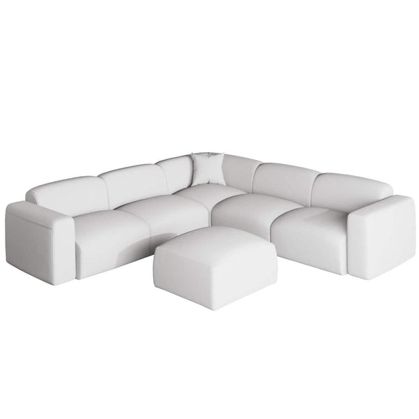 leisure mod Whisper 4-6 Seater Sectional Set With a Chaise and Ottoman Upholstered in Linen/Leather/Polyester
