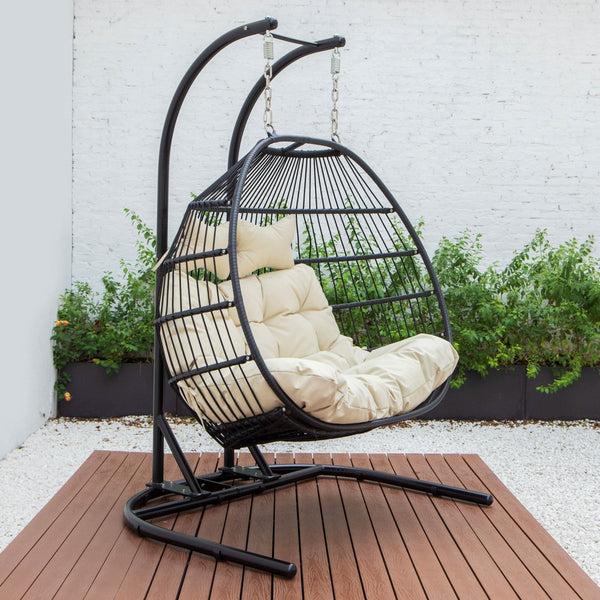 Leisure Mod Wicker Two Seater Egg Swing Chair In Iron With Removable Cushion