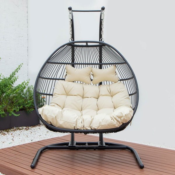 Leisure Mod Wicker Two Seater Egg Swing Chair In Iron With Removable Cushion