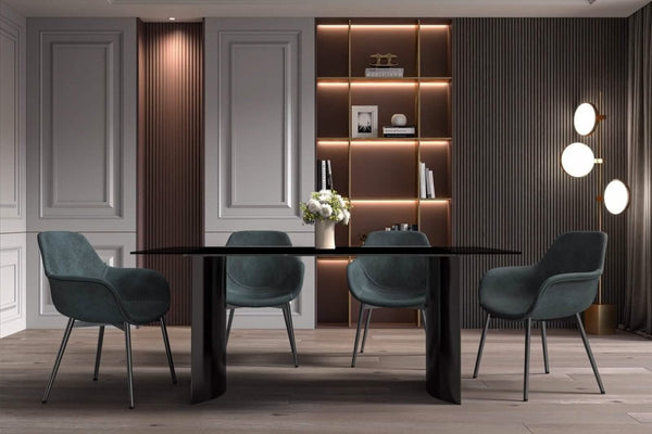 Leisure Mod Zara Rectangular Dining Table With Glass/Sintered Stone Top And Stainless Steel Base