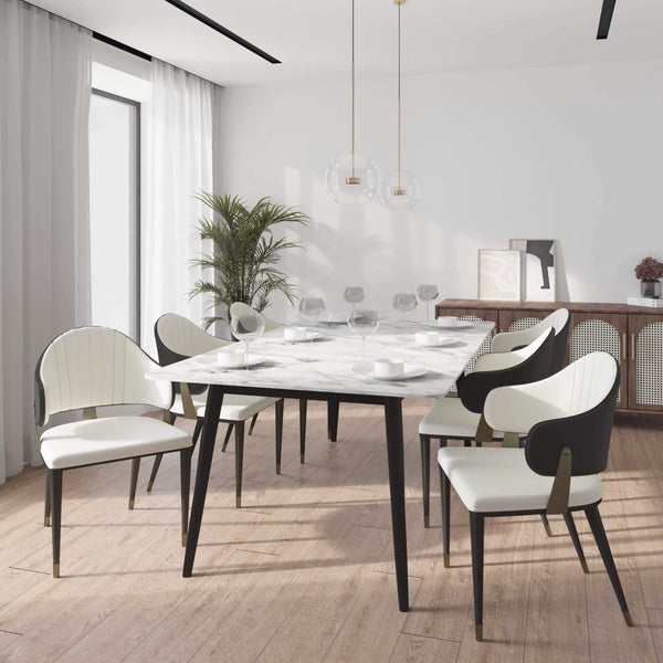 Leisure Mod Zayle 7-Piece Dining Set With 55" Rectangular Dining Table In White/Gold Sintered Stone Top And 6 Leather Dining Chairs