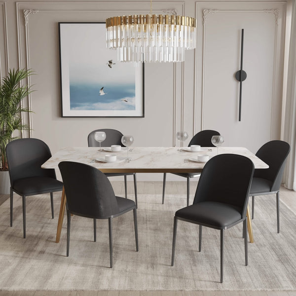 Leisure Mod Zayle 7-Piece Dining Set With 55" Rectangular Dining Table In White Grey Sintered Stone Top And 6 Leather Dining Chairs