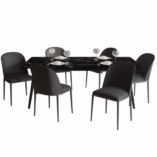 leisure mod Zayle 7-Piece Dining Set with 55" Rectangular Dining Table in Black/Gold Sintered Stone Top and 6 Leather Dining Chairs
