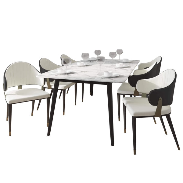 leisure mod Zayle 7-Piece Dining Set with 55" Rectangular Dining Table in White/Gold Sintered Stone Top and 6 Leather Dining Chairs