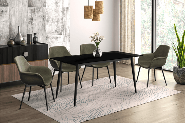 Leisure Mod Zayle Modern Rectangular Dining Table With Glass/Stone Tabletop And Black Steel Base