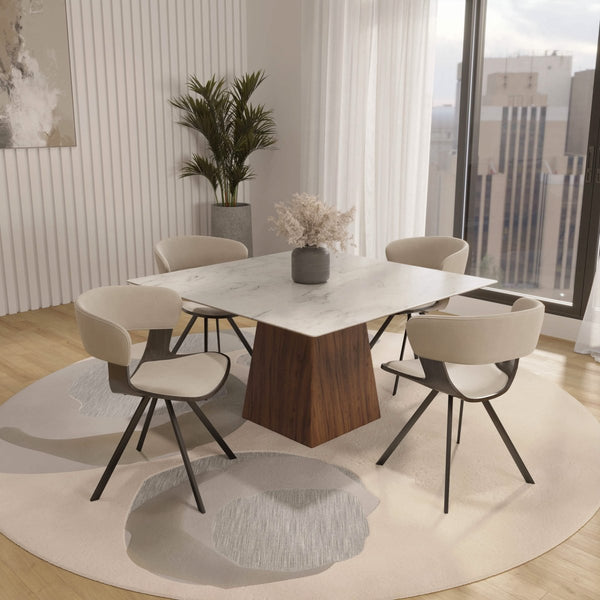 Leisure Mod Zephry 5-Piece Dining Set With Square Dining Table White Sintered Stone Top And 4 Leather Dining Chairs