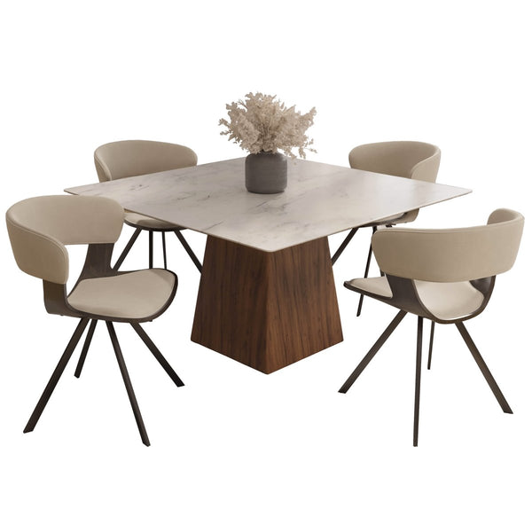 leisure mod Zephry 5-Piece Dining Set with Square Dining Table White Sintered Stone Top and 4 Leather Dining Chairs
