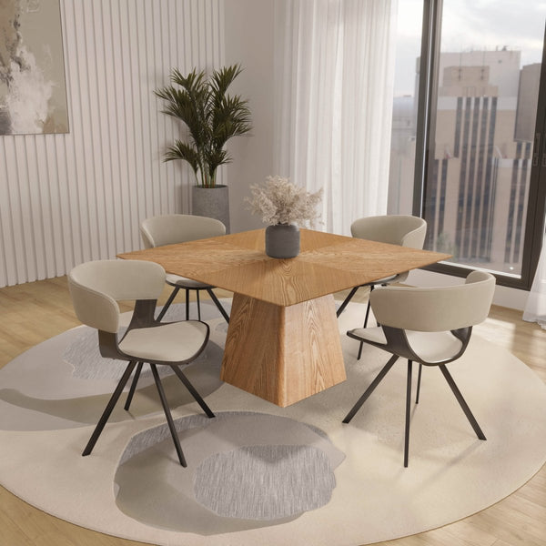 Leisure Mod Zephry 5-Piece Dining Set With Square Wooden Table In Natural Wood And 4 Leather Dining Chairs