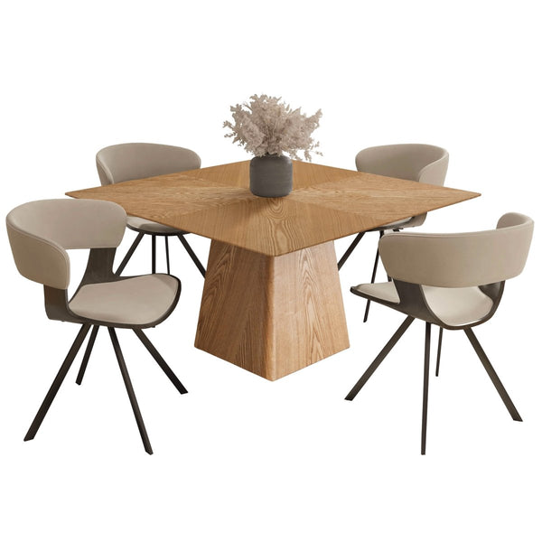 leisure mod Zephry 5-Piece Dining Set with Square Wooden Table in Natural Wood and 4 Leather Dining Chairs