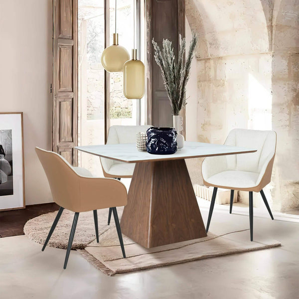 Leisure Mod Zephyr 47" Square Dining Table With Sintered Stone/Ash Wood Tabletop And Iron Base