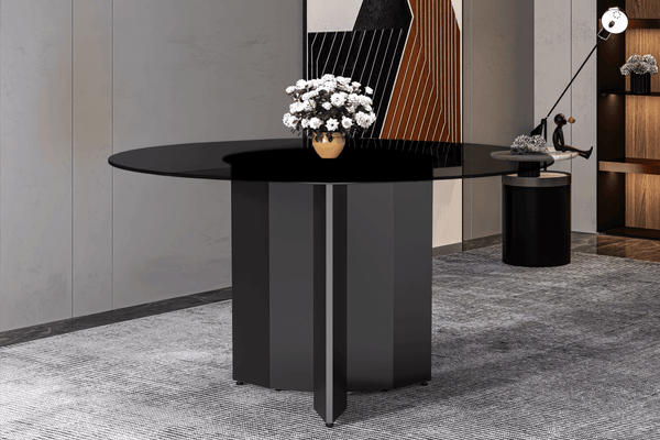Leisure Mod Zevro Round Dining Table With Sintered Stone/Glass Tabletop In Black Stainless Steel