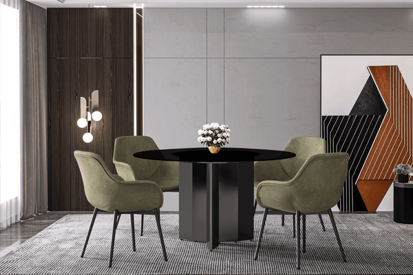 Leisure Mod Zevro Round Dining Table With Sintered Stone/Glass Tabletop In Black Stainless Steel