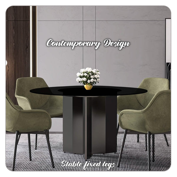 Leisure Mod Zevro Round Dining Table With Sintered Stone/Glass Tabletop In Black Stainless Steel