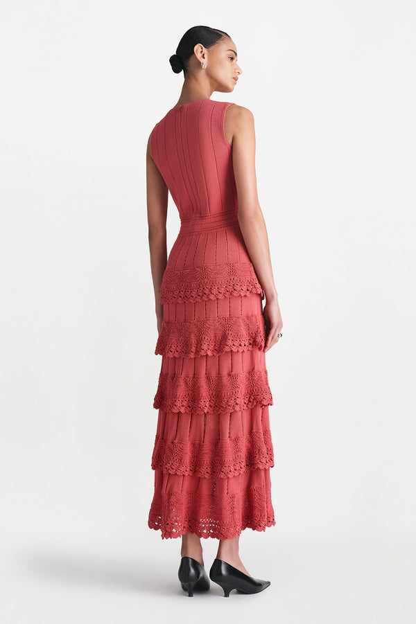 Lela Rose Crochet Ruffle Knit Sleeveless Piper Dress Berry