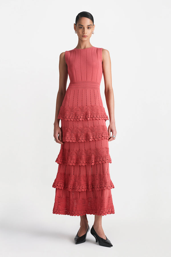lela rose Crochet Ruffle Knit Sleeveless Piper Dress Berry