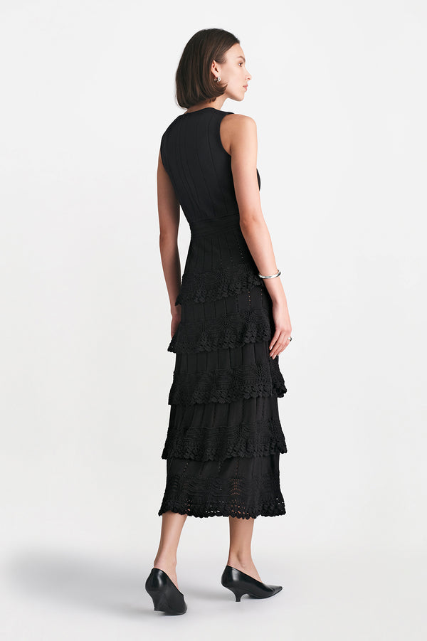 Lela Rose Crochet Ruffle Knit Sleeveless Piper Dress Black