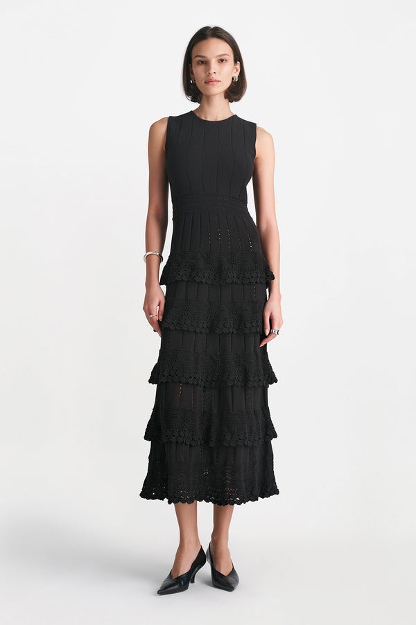 lela rose Crochet Ruffle Knit Sleeveless Piper Dress Black
