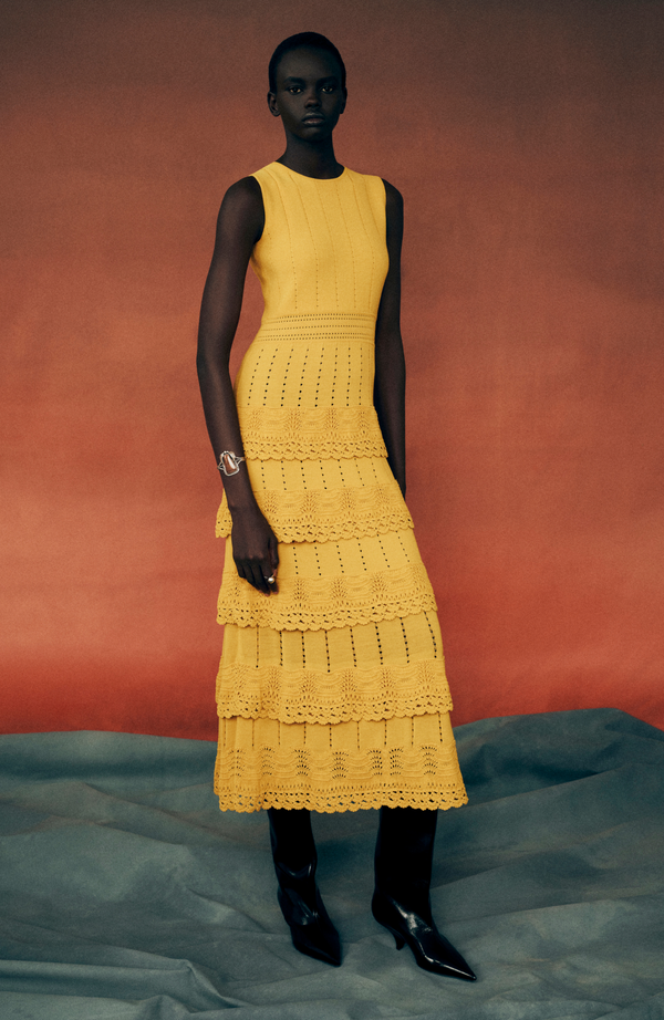 Lela Rose Crochet Ruffle Knit Sleeveless Piper Dress Mustard