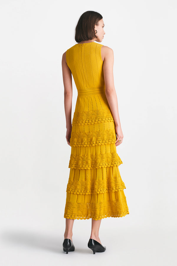 Lela Rose Crochet Ruffle Knit Sleeveless Piper Dress Mustard