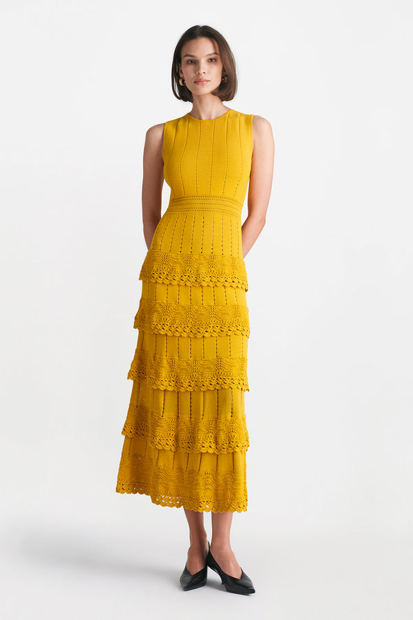 lela rose Crochet Ruffle Knit Sleeveless Piper Dress Mustard