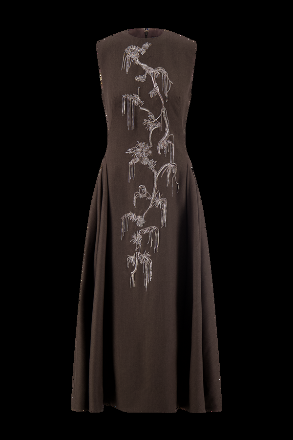 Lela Rose Crystal Embroidery Sleeveless A Line Dress Grey