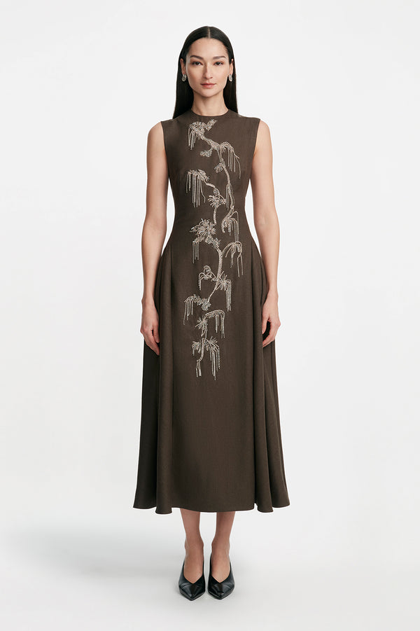 lela rose Crystal Embroidery Sleeveless A Line Dress Grey