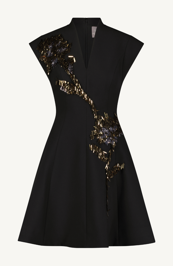 Lela Rose Fishing Lures Embroidered Stretch Twill Mini Dress Black