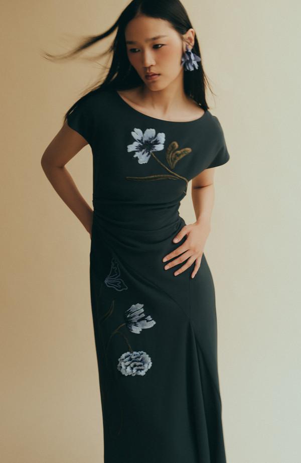 Lela Rose Floral Cord Embroidered Fluid Crepe Cascade Dress Teal/Blue