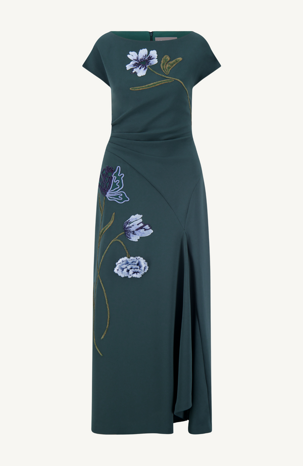 Lela Rose Floral Cord Embroidered Fluid Crepe Cascade Dress Teal/Blue