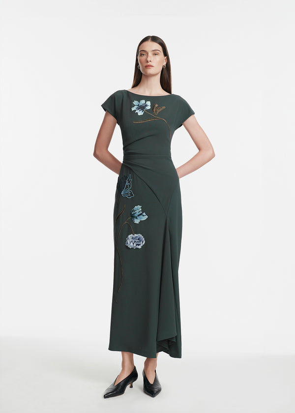 lela rose Floral Cord Embroidered Fluid Crepe Cascade Dress Teal/Blue