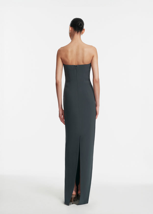 Lela Rose Floral Cord Embroidered Fluid Crepe Strapless Gown Teal/Metallic