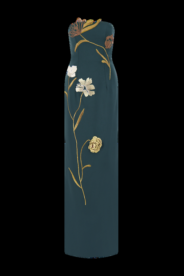 Lela Rose Floral Cord Embroidered Fluid Crepe Strapless Gown Teal/Metallic
