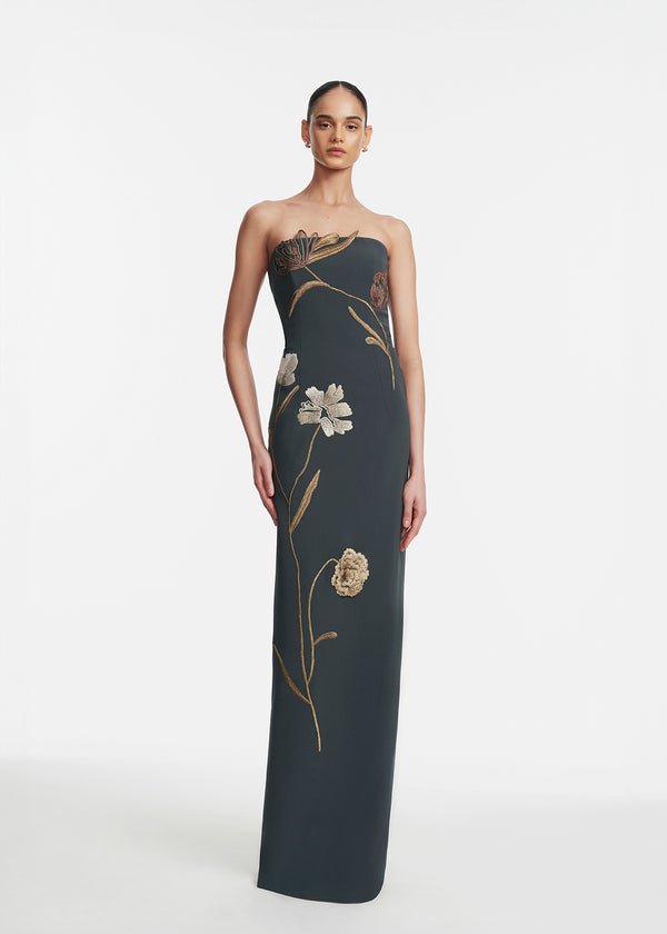 lela rose Floral Cord Embroidered Fluid Crepe Strapless Gown Teal/Metallic