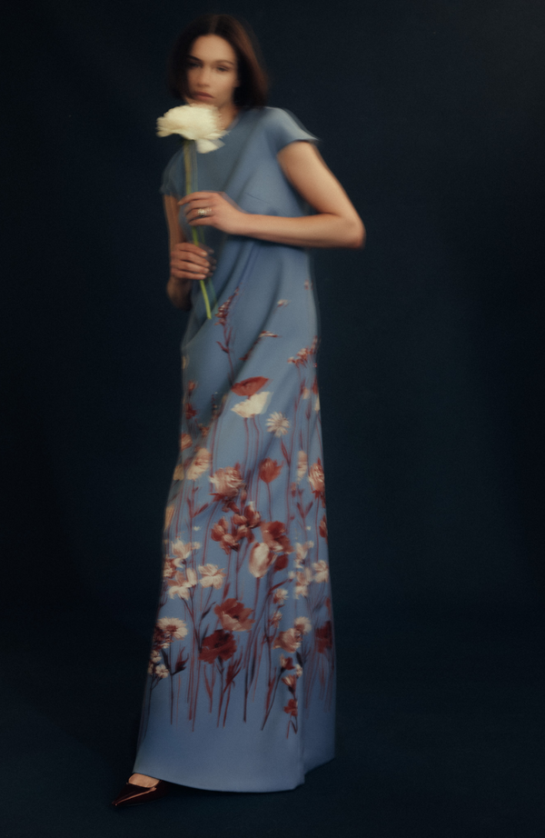 lela Rose Floral Crepe Augusta Gown Cornflower Multi