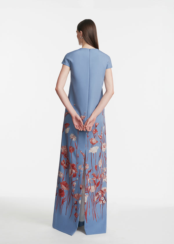 lela Rose Floral Crepe Augusta Gown Cornflower Multi