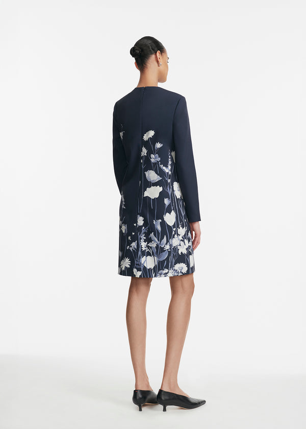 Lela Rose Floral Crepe Long Sleeve Kelly Dress Navy Multi