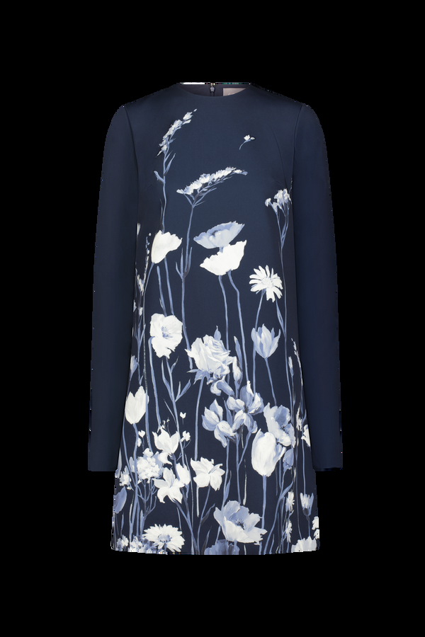 Lela Rose Floral Crepe Long Sleeve Kelly Dress Navy Multi