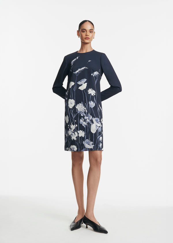 lela rose Floral Crepe Long Sleeve Kelly Dress Navy Multi